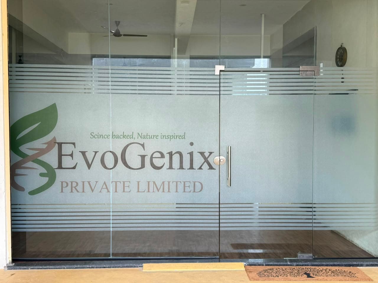 EvoGenix office entrance with company branding